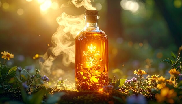 Magical elixir bottle glowing with warm light on a forest floor with flowers