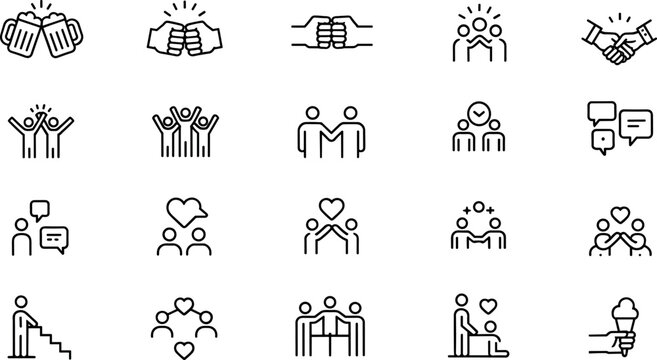Set of friendship and teamwork line icons featuring people interacting, celebrating, and social connection concepts isolated on white background