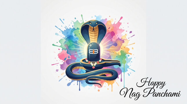 Colorful Lord Shiva Symbol with Sacred Cobra for Nag Panchami Festival Greeting Design