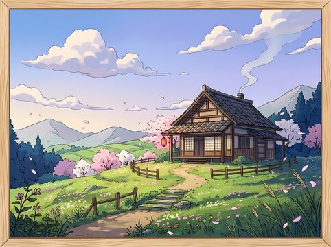 Traditional wooden cabin nestled in mountain valley.