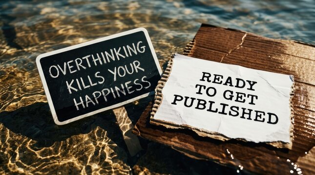 Inspirational signs on driftwood by water overthinking kills happiness and ready to get published