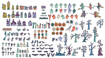 Zestaw ręcznie rysowanych elementów na Halloween zawierający nawiedzone domy, duchy, czarownice, dynie, nietoperze, nagrobki i drzewa na białym tle, idealny do projektów graficznych.