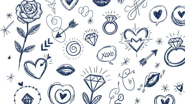 Hand drawn romantic doodle pattern set with hearts, roses, diamonds, engagement rings, arrows, and lips on white background