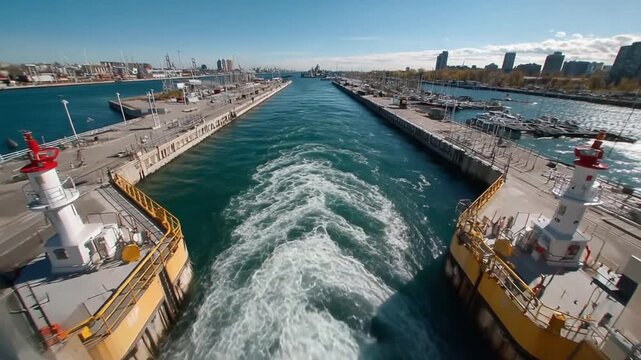 Maritime Passage: A large vessel navigates a wide channel between two docks, leaving a significant wake as it moves towards the open sea.