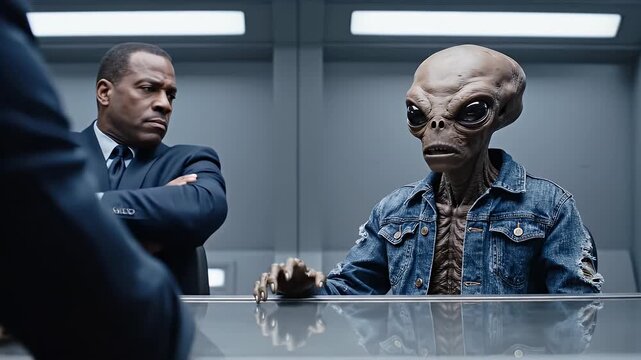 Alien Interrogation - An alien creature with large eyes and dry skin sits at a table, wearing a denim jacket. A serious-faced man in a dark suit, possibly an interrogator, sits to the alien's left.