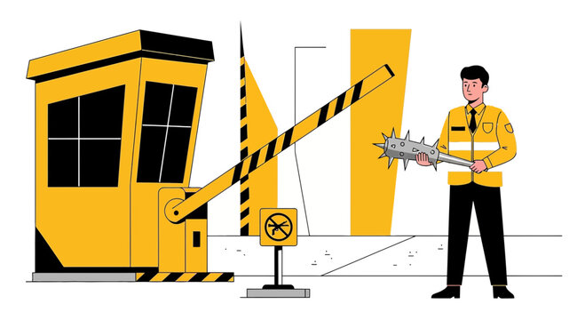 Security Guard at Toll Booth with Spiked Club, Warning Sign