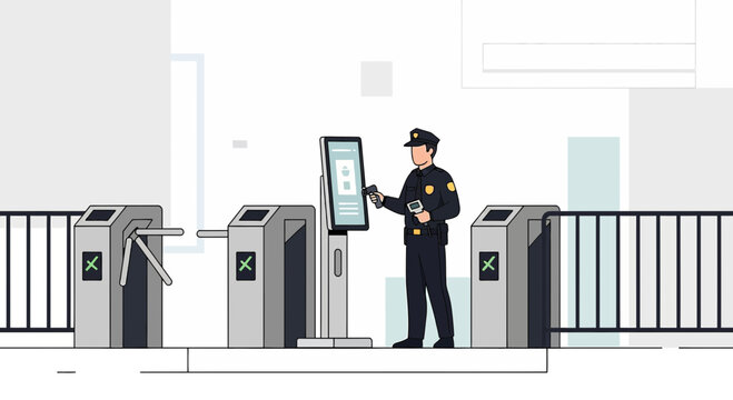 Security Guard at Turnstile Entrance with Scanner and Card Reader