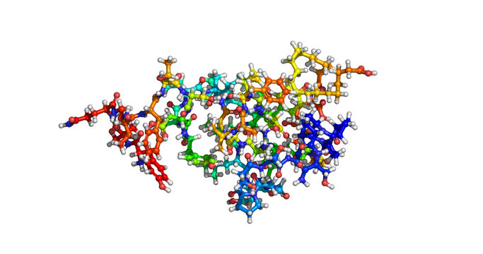 Retatrutide, drug for obesity and type 2 diabetes management, ball and stick 3D molecule 4K