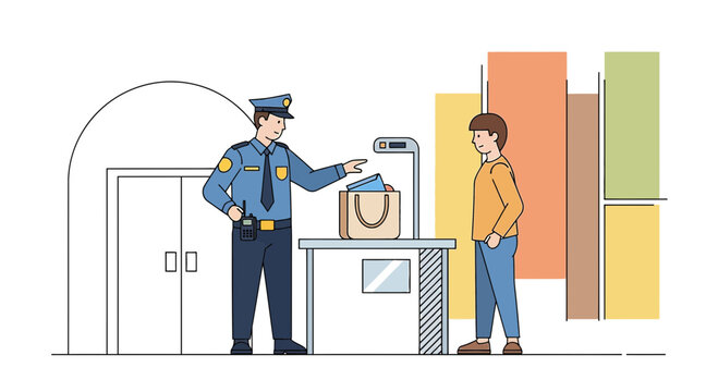Security Check: Officer Inspecting Bag at Scanner, Bystander Waiting