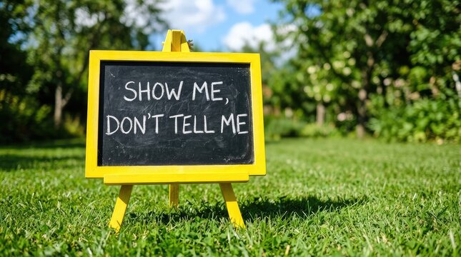 Yellow chalkboard sign on grass with 'show me don't tell me' text