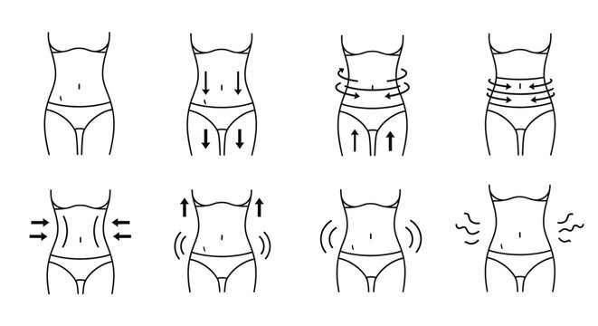 Minimalist female waist line icons, slimming and body shaping vector set, 8 abdominal massage and weight loss diagrams for beauty and wellness
