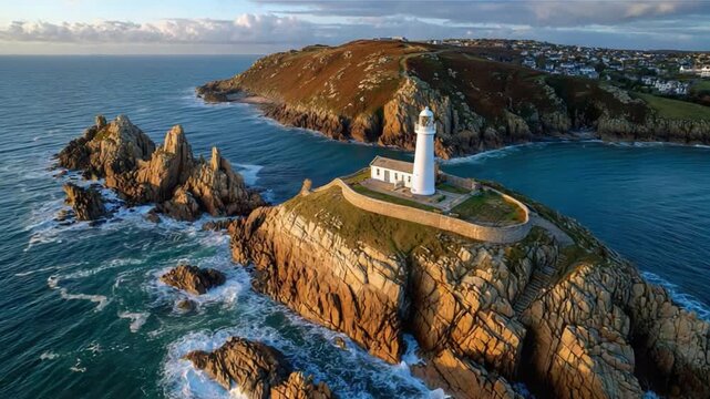 Beacon of Hope: A majestic lighthouse stands tall on a rugged, rocky outcrop, its white structure stark against the deep blue sea and a hazy, distant coastline, bathed in the golden light of dusk.