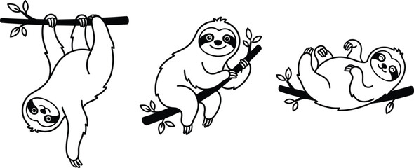 Cartoon sloth vector illustrations showing relaxed animal poses on leafy tree branches for wildlife, nature, and design projects © MDSHAFIQUL