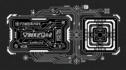 Obraz premium Abstrakcyjny wzór techniczny z białymi liniami obwodów elektronicznych i futurystycznymi symbolami na czarnym tle, idealny do projektów graficznych związanych z technologią.
