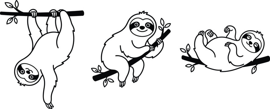 Cartoon sloth vector illustrations showing relaxed animal poses on leafy tree branches for wildlife, nature, and design projects