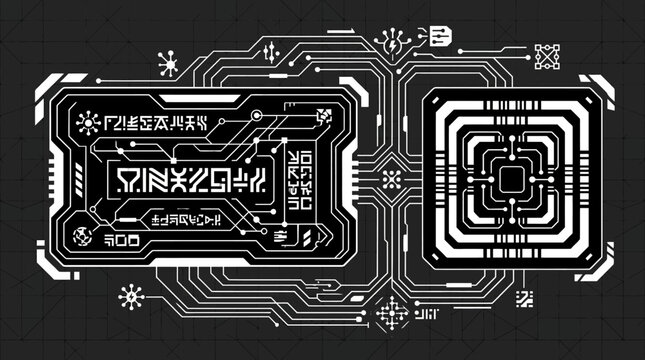 Abstrakcyjny wz&oacute;r techniczny z białymi liniami obwod&oacute;w elektronicznych i futurystycznymi symbolami na czarnym tle, idealny do projekt&oacute;w graficznych związanych z technologią.
