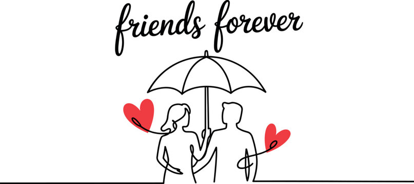 Minimalist continuous one line drawing of a couple under an umbrella with red hearts, friends forever concept.