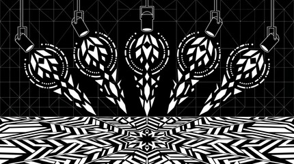 Fototapeta premium Abstrakcyjna czarno-biała ilustracja przedstawiająca pięć geometrycznych reflektorów oświetlających podłogę z hipnotyzującym, symetrycznym wzorem w stylu op-art i futurystycznym klimacie.