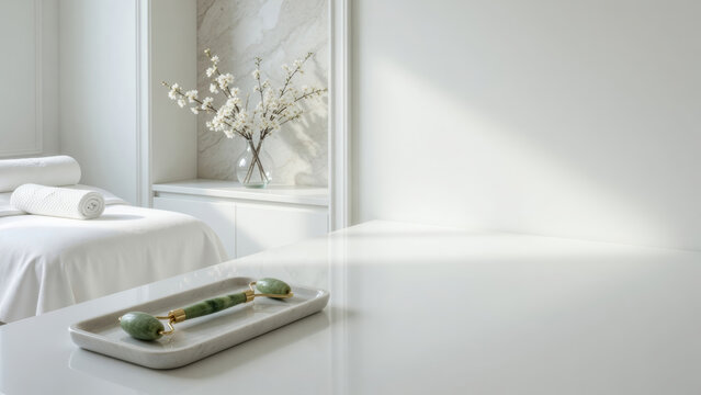 Serene spa interior minimalist massage room white luxury decor jade facial roller wellness retreat clean marble background soft natural light relaxing beauty treatment modern day spa zen atmosphere