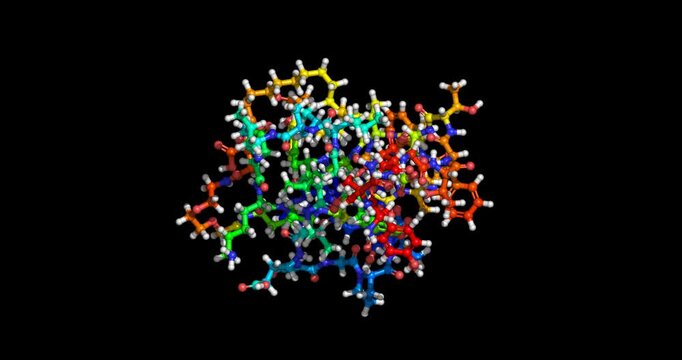 Retatrutide, drug for obesity and type 2 diabetes management, ball and stick 3D molecule spinning 4K