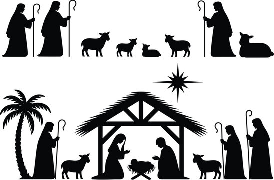 Christmas nativity scene vector icons set with black silhouettes of holy family stable shepherds and sheep isolated on white background