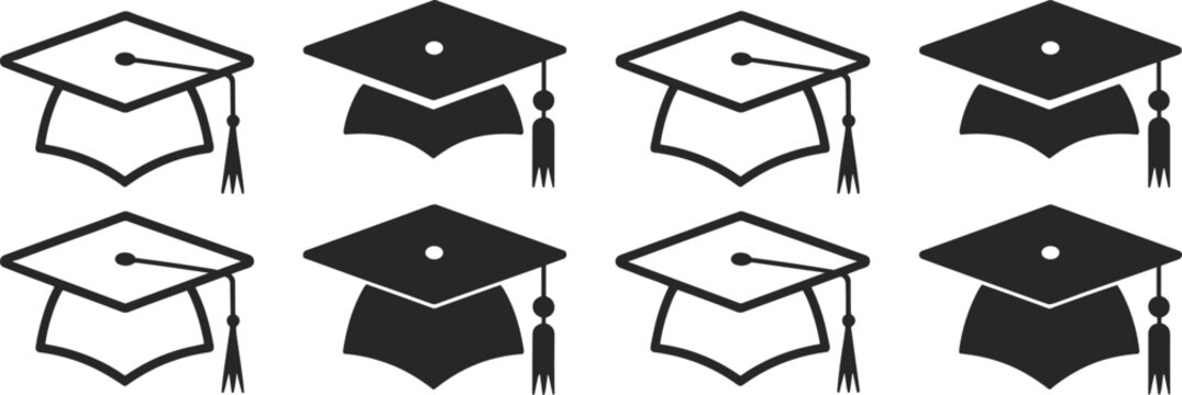 Graduation cap icons in black and white on a white background Keywords: graduation cap, graduation, academic, education, degree, diploma, mortarboard, tassel, study, university, college