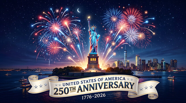 Celebration of United States 250th Anniversary with Statue of Liberty and NYC Fireworks