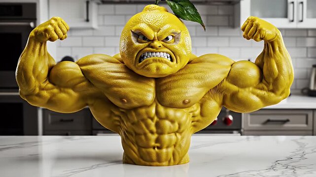 Muscular Lemon Flexing Biceps - A cartoon-like, anthropomorphic lemon with a furious expression and incredibly defined muscular arms is flexing its biceps.