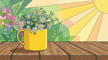 Ilustracja wektorowa przedstawiająca bukiet świeżych kwiatów rumianku w żółtym kubku stojącym na drewnianym stole w słoneczny, letni dzień z kolorowym tłem w stylu witrażu. © Avrilin