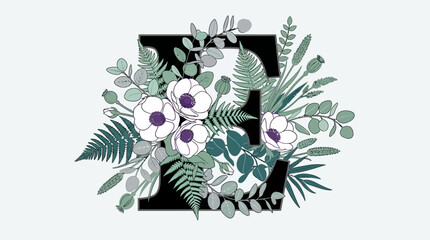 Elegancka litera E ozdobiona bukietem kwiatów anemonów, liśćmi paproci i gałązkami eukaliptusa, tworząca stylowy botaniczny monogram na jasnym tle do projektów graficznych.