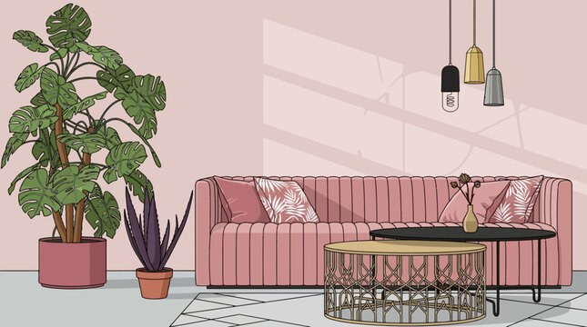 Nowoczesny salon w pastelowych odcieniach r&oacute;żu z wygodną sofą, roślinami doniczkowymi, stolikami kawowymi oraz stylowym oświetleniem wiszącym w przytulnym wnętrzu mieszkania.