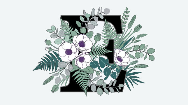 Elegancka litera E ozdobiona bukietem kwiat&oacute;w anemon&oacute;w, liśćmi paproci i gałązkami eukaliptusa, tworząca stylowy botaniczny monogram na jasnym tle do projekt&oacute;w graficznych.