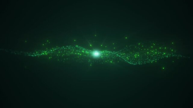 Abstract futuristic digital grid background with glowing green particles and network connections.