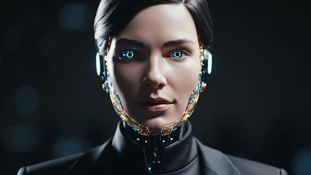 futuristic female cyborg portrait with glowing blue eyes and sleek facial implants embodying artificial intelligence and tech innovation.