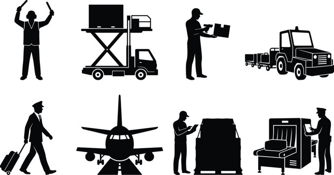 Airport ground handling cargo logistics and aviation security service black silhouettes icon set isolated on white background