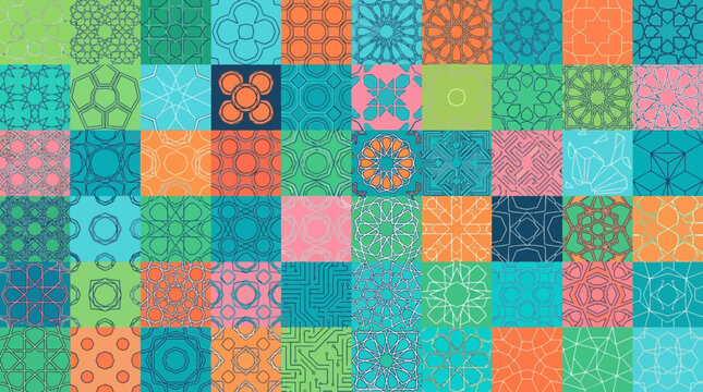 Wielobarwna mozaika z geometrycznymi wzorami w stylu etnicznym, abstrakcyjne tło z kwadratowych kafelk&oacute;w z r&oacute;żnorodnymi ornamentami w żywych kolorach dla projekt&oacute;w graficznych.