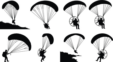 Black silhouettes of paragliders and paramotor pilots flying in the sky set isolated on white background © MdAbdur