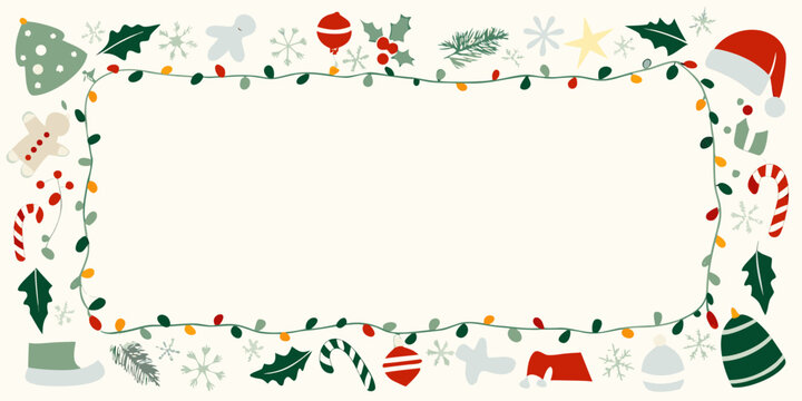 Holiday doodle rectangular frame with christmas ornaments vector illustration