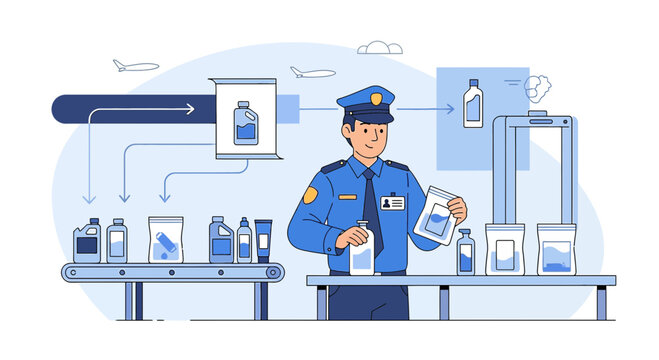 Airport security check officer inspecting liquid bottles at conveyor belt
