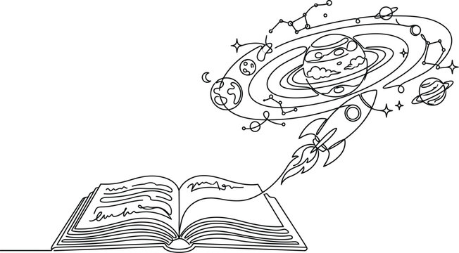 A black line drawing depicts a rocket emerging from an open book propelling planets stars and constellations into space in a whimsical illustration representing imagination and knowledge.