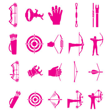 Archery Equipment and Bow Hunting Silhouette Set, Professional Target Shooting Process Compound Bow Recurve Arrow Quiver Release Aid and Archer Aiming Vector Illustration
