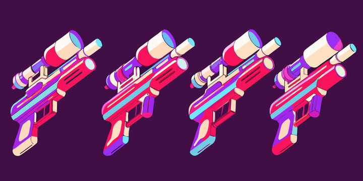Stylized Water Blasters Isometric Vector Illustration With Purple Background