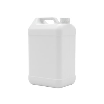 transparent 5L HDPE jerrycan with integrated handle and ribbed cap, blank, on an infinite transparent studio background, softbox lighting, commercial product branding mock-up concept