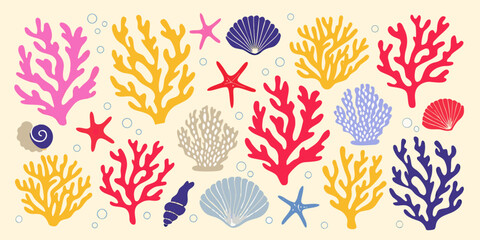 Coral reef illustration with seashells and starfish vibrant vector pattern © Sabuj