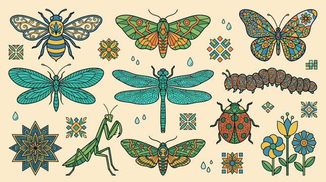 Zestaw dekoracyjnych ilustracji owad&oacute;w w stylu vintage, zawierający pszczołę, motyla, ważkę, modliszkę, biedronkę, gąsienicę oraz ozdobne kwiatowe wzory na kremowym tle.