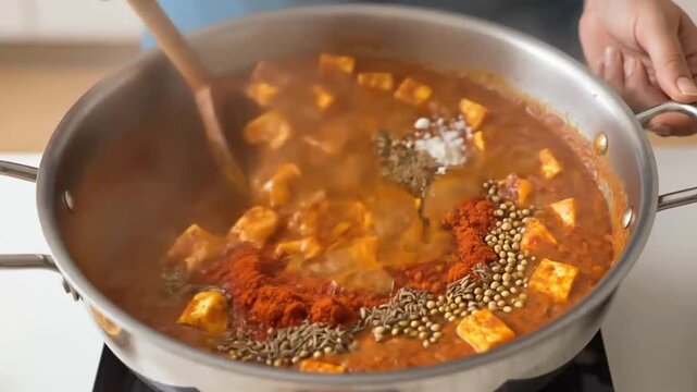 cooking indian curry with spices.