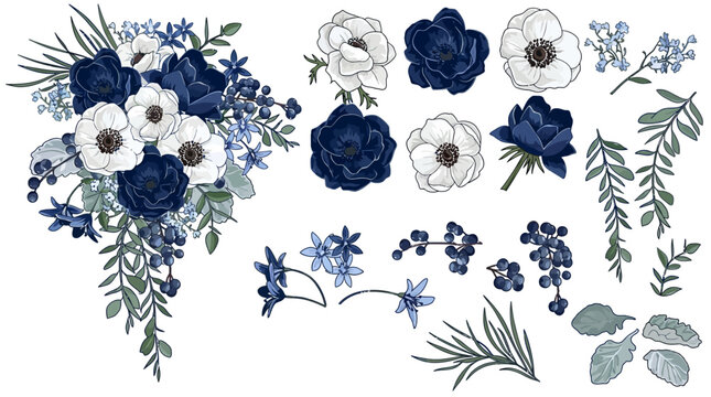 Elegancki zestaw ilustracji kwiatowych z bukietem ślubnym, granatowymi i białymi anemonami, jagodami oraz zielonymi gałązkami na białym tle, idealny do projekt&oacute;w papeterii ślubnej.