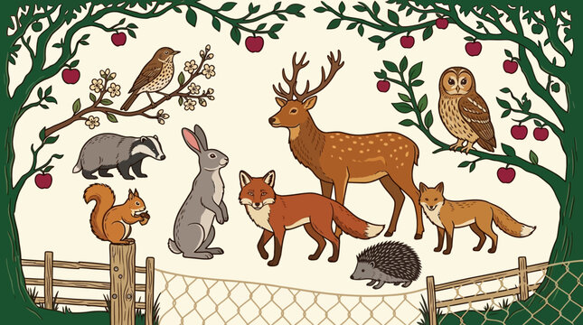Urocza ilustracja przedstawiająca grupę dzikich zwierząt leśnych, w tym jelenia, lisa, borsuka, kr&oacute;lika, wiewi&oacute;rkę i sowę, zgromadzonych w sadzie pełnym jabłoni w stylu rysunkowym.
