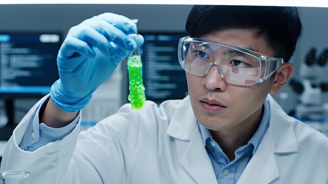 Scientist Examines Green Liquid in Test Tube in Laboratory - A focused scientist wearing protective eyewear and gloves holds a test tube containing a bright green bubbling liquid, examining it