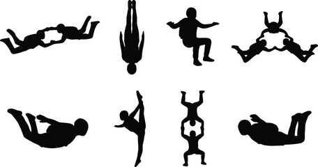 Vector Silhouette Set of Skydivers Performing Formation Skydiving Acrobatics and Freefall Maners in the Air © MdAbdur